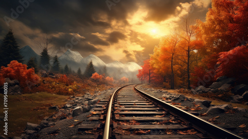 abandoned Railway road in autumn forest