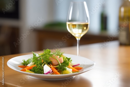 side angle of salad, glass of white wine beside