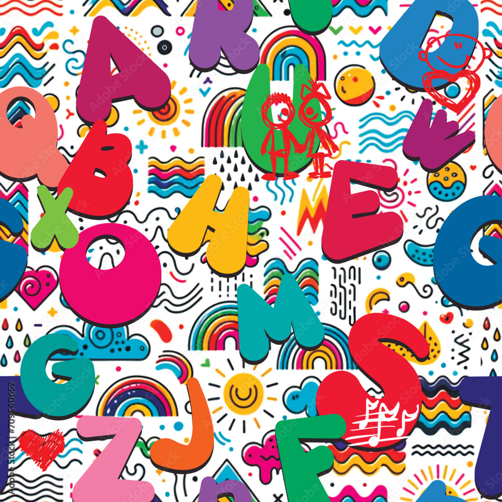 Fun cartoon hand drawn cute  seamless pattern with bright funny letters, doodle drawing sun, rainbow, clouds, love hearts, waves, dots, notes. Beautiful vibrant lettering background. Endless texture