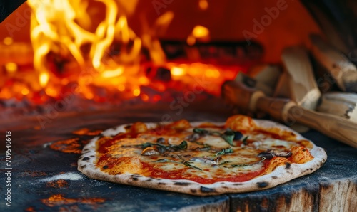 A pizza cooking in a wood-fired oven  flames licking the edges.
