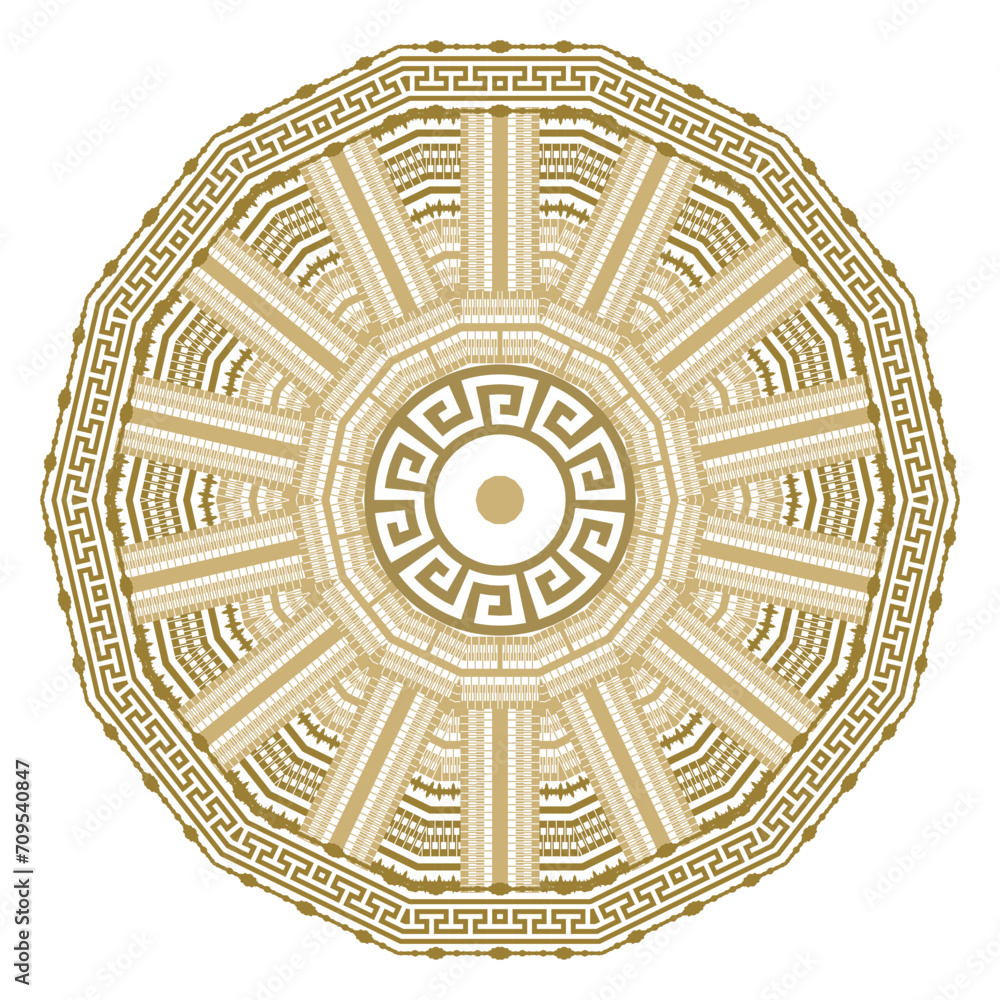 Freek key meanders round tribal ethnic golden mandala pattern on white background. Radial ornamental decorative circle vector mandala design with frame, border. Isolated. Ornate texture