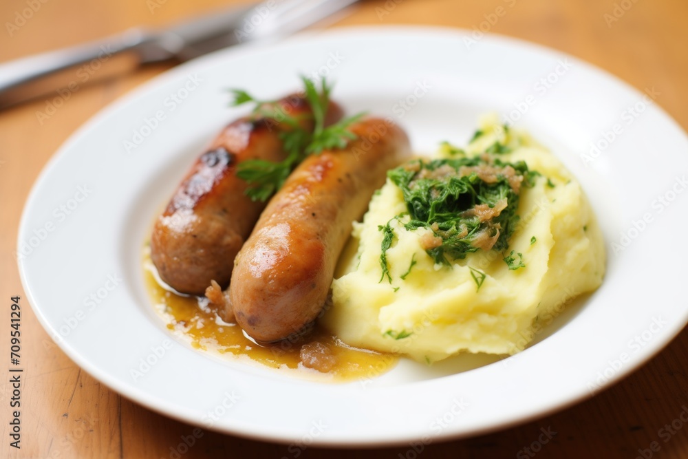 plate of bangers and mash with a sprig of parsley plate of bangers and mash with a sprig of parsley