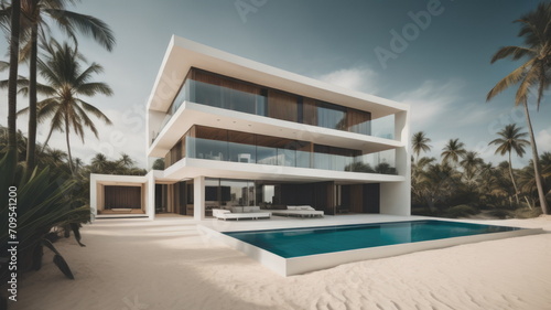 Modern villa on a tropical sand beach among palm trees © Marko