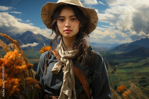 Photo Realistic of an Asian Farmer Woman in Traditional Agricultural Clothing, Generative AI