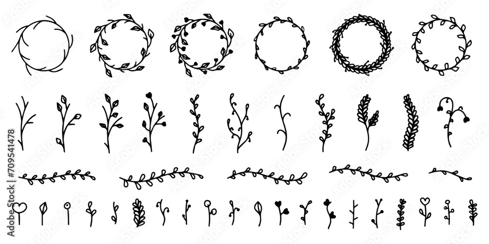 Set of floral elements twigs, leaves, stems, buds, berries. Decorative floral elements round frames and dividing decorative lines. Floral spring and summer elements in the doodle style - obrazy, fototapety, plakaty 