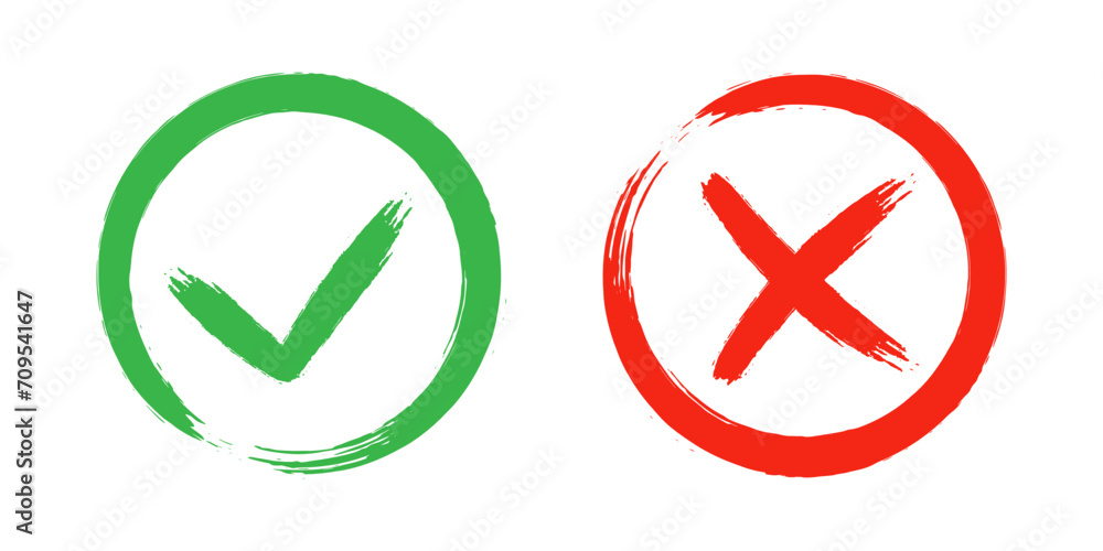 Dirty grunge cross x and tick OK check marks in check boxes, hand drawn with brush strokes vector illustration. Dirty grunge cross x and tick OK check marks in check boxes, hand drawn with brush strokes vector illustration.