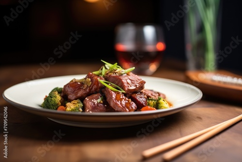 brightly lit beef teriyaki with glass of red wine
