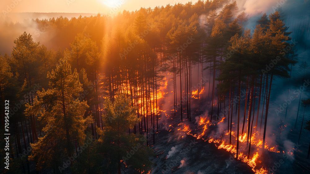 Large fire in tall pine forest with the sun between the trees. Natural disaster Large fire in tall pine forest with the sun between the trees. Natural disaster