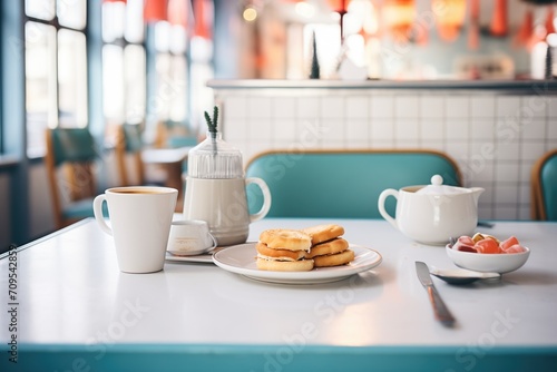 a diner setting with biscuits and gravy served with coffee photo