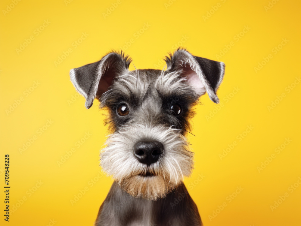 An expressive Schnauzer puppy with attentive ears and a mustache, posing against a vibrant yellow background.