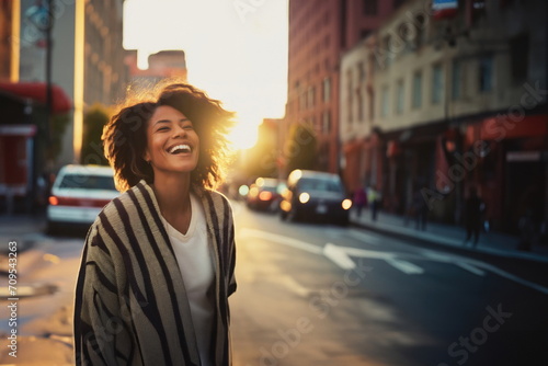 Fototapeta Naklejka Na Ścianę i Meble -   young adult woman outside on a side street, in the early evening in her free time after work, laughing happy