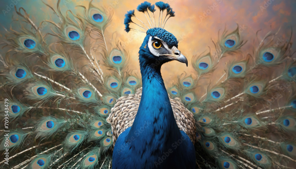 Fototapeta premium Fantasy Illustration of a wild Peafowl. Digital art style wallpaper background with peacock in pastel colors.