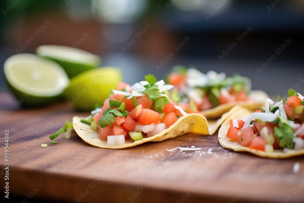tacos with refried beans, cheese, and pico de gallo garnish