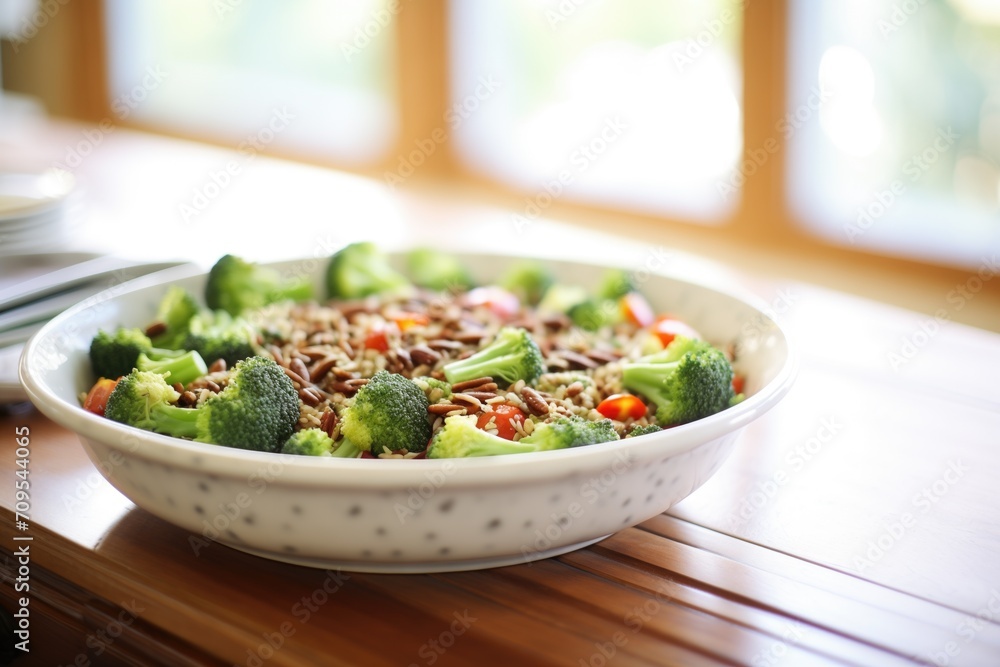 sunflower seeds sprinkled over broccoli raisin salad