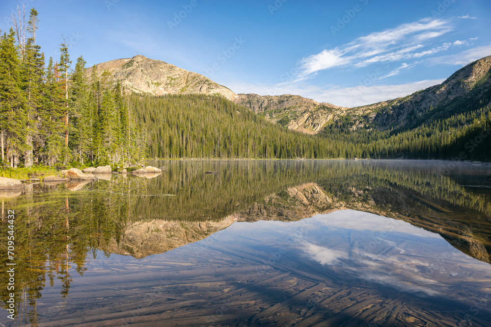Tranquil mountain lake reflecting blue sky and forest