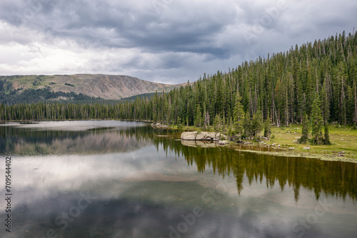 Serene landscape of a lake in a lush forest, Colorado