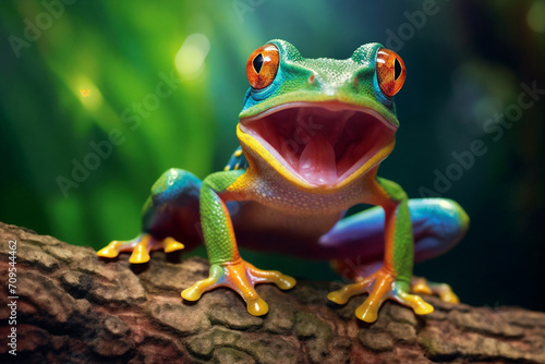 a frog with its mouth open and its tongue out on a branch with green leaves in the background and a blurry background, generative ai