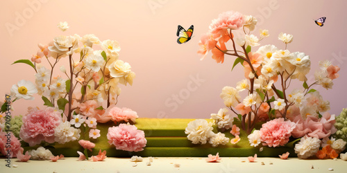 Abstract background with pink flowers and a podium for product on a light spring background