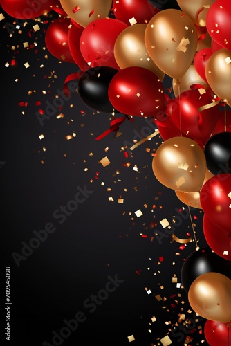 Dramatic party banner background with red and gold balloons and confetti, with empty copy space Generative AI