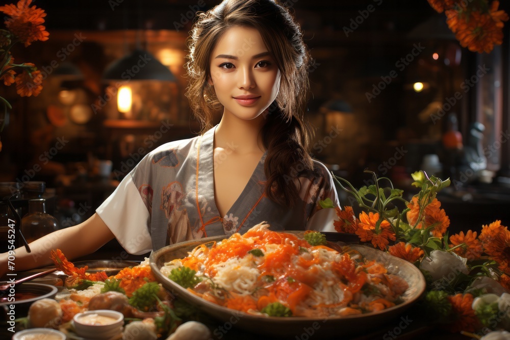 Photo Realistic of an Asian Chef Woman in a Chef's Uniform with Traditional Elements, Generative AI
