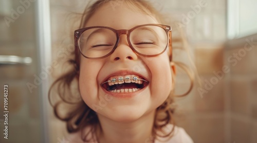 Smiling toddler girl wearing braces and glasses, spending time in the bathroom photo
