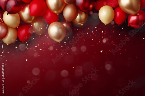 Dramatic party banner background with red and gold balloons and confetti, with empty copy space Generative AI
