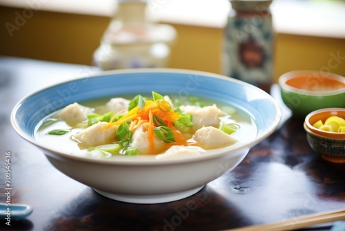 close field of fresh dumplings in a soup with vibrant broth