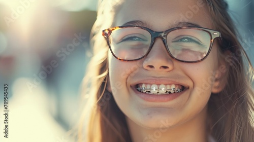 Sunny portrait of happy girl wearing braces and eyeglasses photo