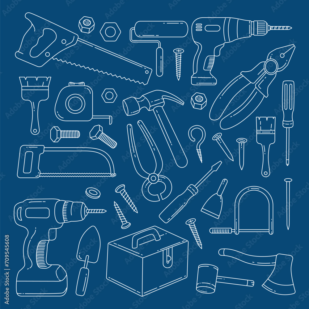 Set of Carpenter tools doodle hand drawn vector illustration Set of Carpenter tools doodle hand drawn vector illustration
