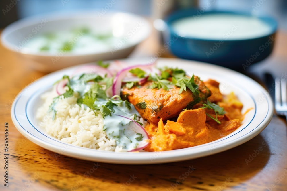 close-up of creamy chicken tikka with rice on a plate close-up of creamy chicken tikka with rice on a plate
