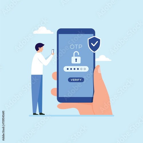 OTP authentication and Secure Verification. One Time Password method for unlock account bank illustration concept
