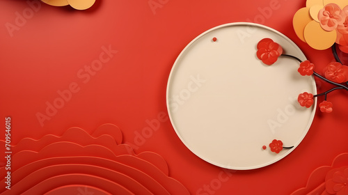 3d illustration of white plate with flowers on red paper background.