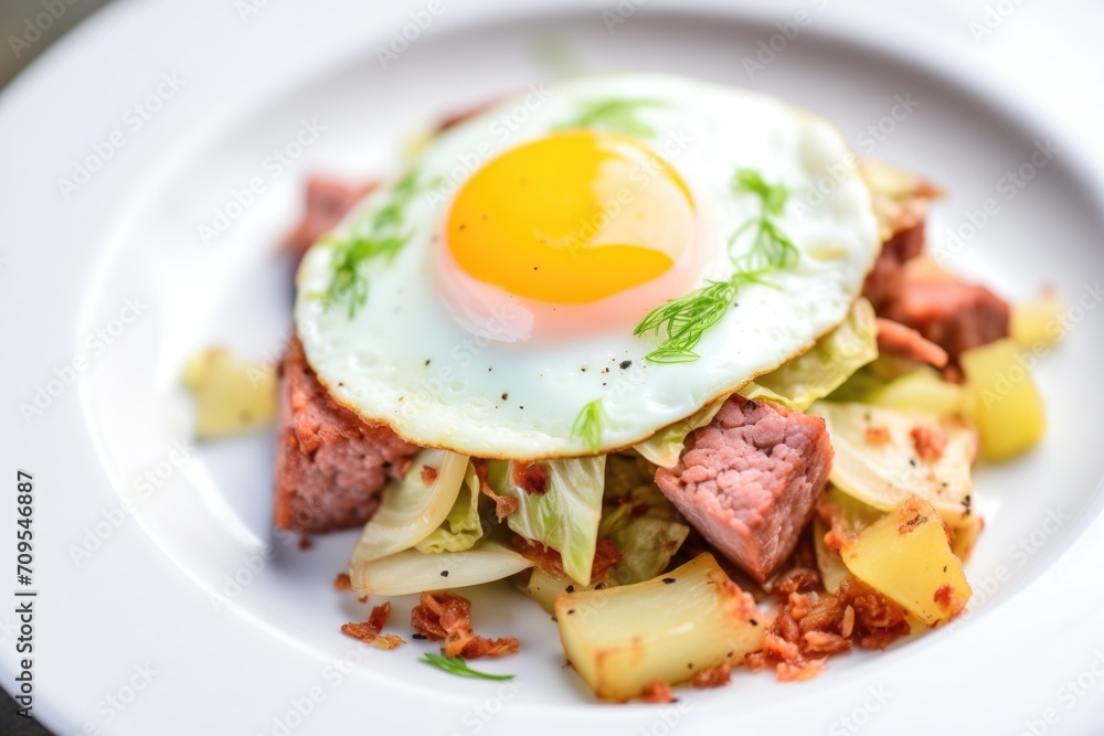 corned beef hash with cabbage and fried egg on top