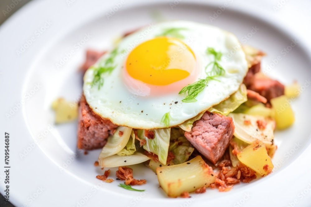 corned beef hash with cabbage and fried egg on top corned beef hash with cabbage and fried egg on top