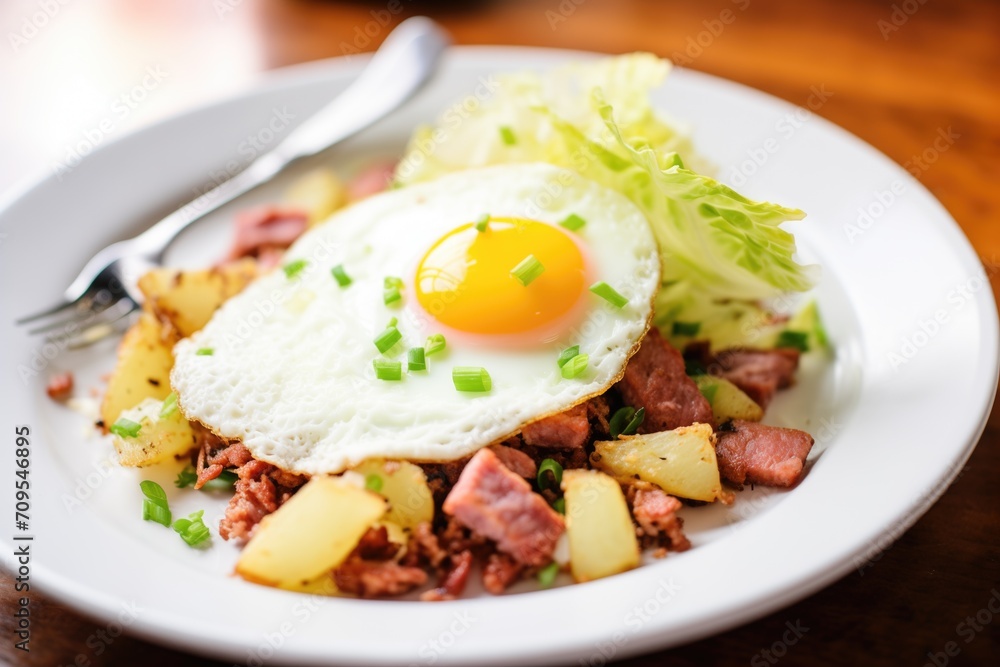 corned beef hash with cabbage and fried egg on top corned beef hash with cabbage and fried egg on top