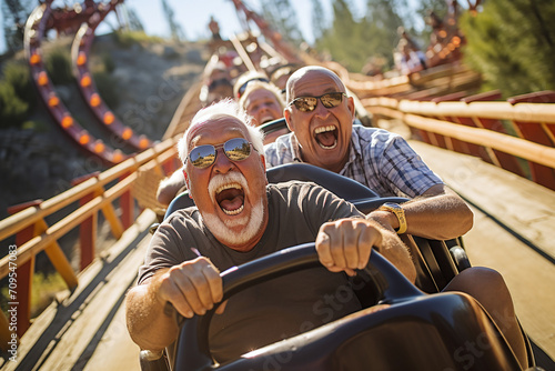 Old people go to amusement parks and ride roller coasters. Ai generate.
