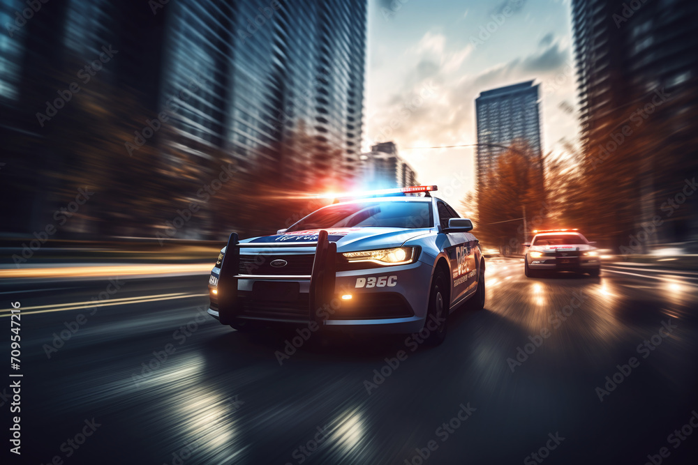 A police car is driving on the road and the city is blurred in the background. Ai generate. A police car is driving on the road and the city is blurred in the background. Ai generate.