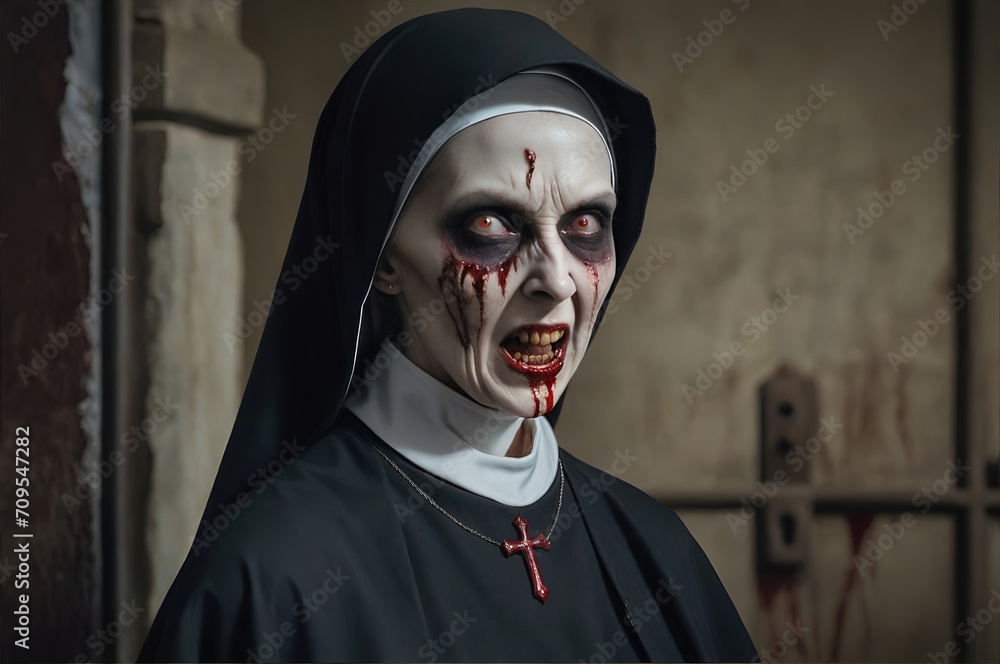 a nun who is possessed by an evil and terrifying spirit. evil and terrible demon a nun who is possessed by an evil and terrifying spirit. evil and terrible demon