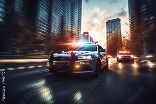 A police car is driving on the road and the city is blurred in the background. Ai generate.