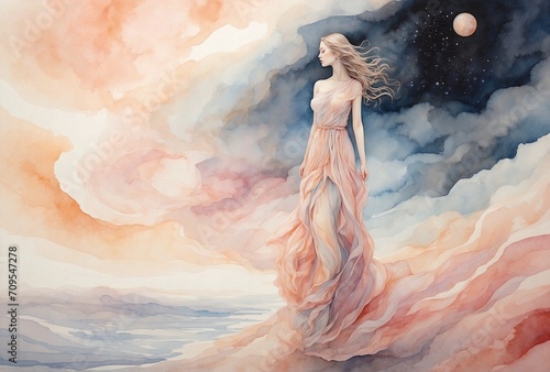 In the ethereal wilderness of a watercolor painting, an entrancing figure emerges—the idyllic void voyager. Serene and otherworldly, this solitary traveler exudes a sense of tranquility and wonder.