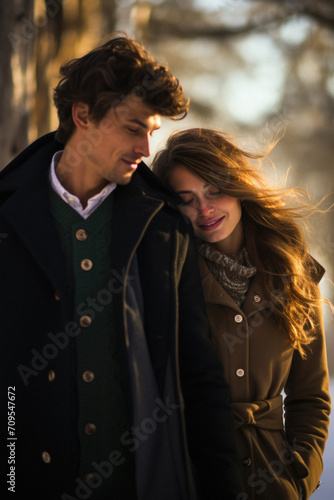 Portrait of a beautiful young couple in the park at winter.