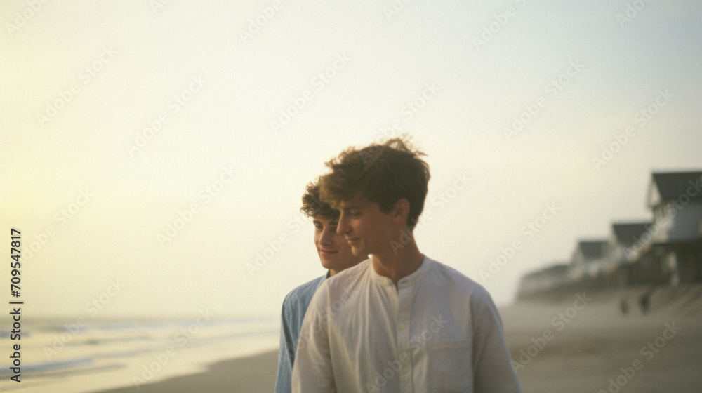Portrait of a young couple standing on the beach at sunset. Portrait of a young couple standing on the beach at sunset.