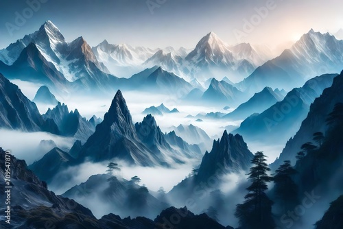 Surreal Himalaya Mountains immersed in swirling mist, with mystical shapes and contours of the peaks emerging through the haze, the environment transformed into an otherworldly dreamscape © malik