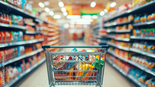 Shopping Cart Perspective in Supermarket Aisle. Filled Cart with Groceries in Store
