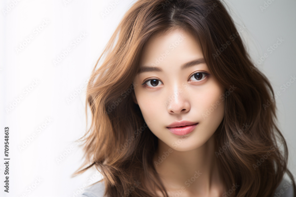 Face of pretty young Asian woman without makeup with dark brown hair in front of white background