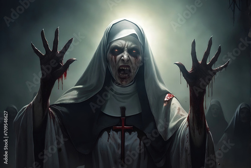 a nun who is possessed by an evil and terrifying spirit. evil and terrible demon photo