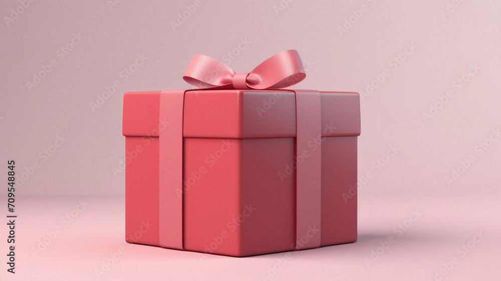 Fototapeta premium Red gift box with pink bow on pink background.