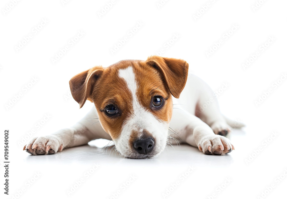 Portrait of cute dog breed Jack Russell Terrier lying on white floor on white background with copy space. Funny puppy