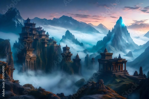 A fantasy version of the Himalaya Mountains covered in vibrant, swirling magical fog, mythical creatures roaming the peaks, and ancient ruins peeking through the mist