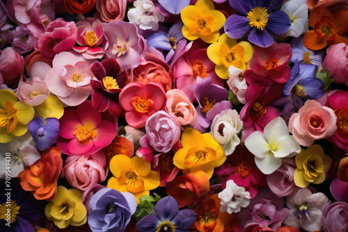Colorful spring flowers background, top view. Floral background.